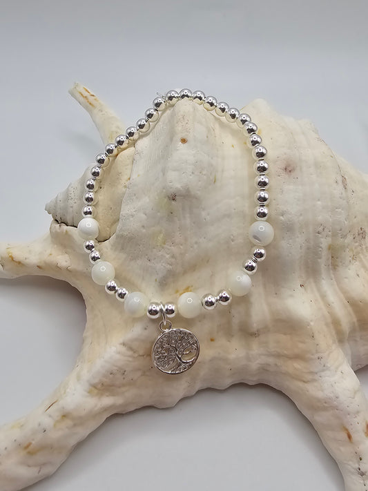 Sterling Silver Stretch Bracelet with Mother Of Pearl and Sterling Silver Tree of Life