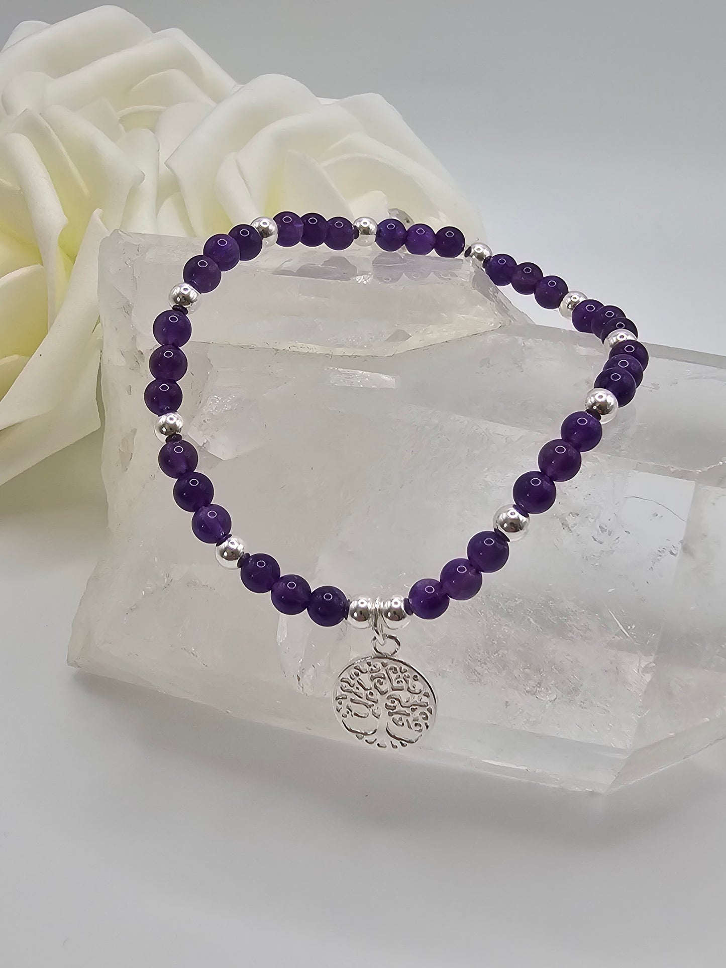 Sterling Silver Stretch Bracelet with Purple Amethyst and Sterling Silver Tree of Life